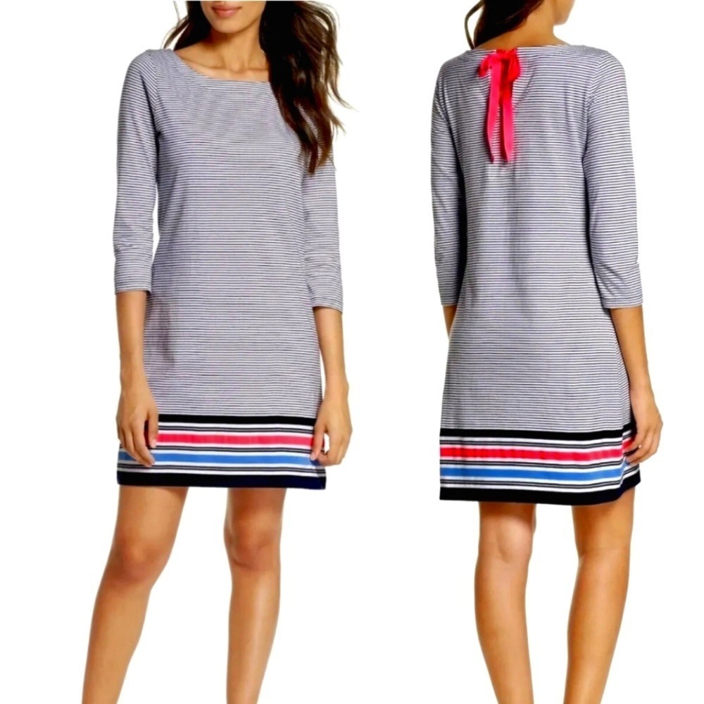Lilly Pulitzer Noelle Striped Pima Cotton Dress Navy White Pink Bow Back Small